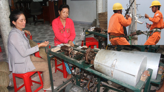 Nhờ có điện, HTX chế biến cây lát Vũng Liêm sử dụng máy se sợi nâng cao năng suất và thu nhập. Ảnh: Đại Dương.