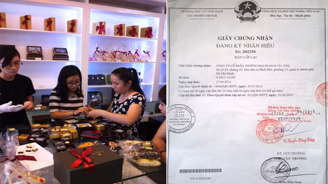 Giấy đăng ký sở hữu trí tuệ sản phẩm “D’art Chocolate” của Công ty Cổ phần Thương mại Elan & Co (ảnh phải) nhưng bên trong cửa hàng của công ty Elan nhiều sản phẩm trưng bày và bảng hiệu có in nhãn hiệu “D’art Chocolate” (ảnh trái).