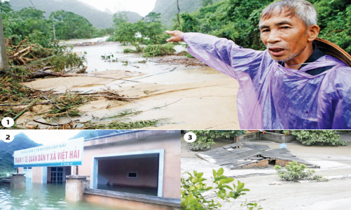 Ảnh 1: Ông Phạm Văn Thành chỉ tay về ngôi nhà của mình ở Bản Sen bị chìm trong dòng lũ. Ảnh 2: Đảo Cát Hải (Hải Phòng) mênh mông nước; Ảnh: 3: Những ngôi nhà ở Mông Dương ngập bùn tận mái nhà. Ảnh: Như Ý/Đỗ Hoàng.