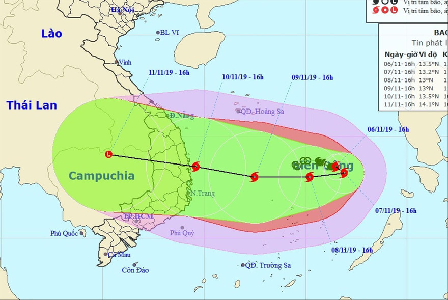 Đường di chuyển của bão số 6 (Trung tâm Dự báo Khí tượng Thủy văn Quốc gia) 