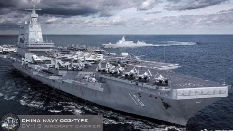 Phác thảo mô hình tàu sân bay mới đang được chế tạo tại xưởng đóng tàu của Trung Quốc cho thấy nó có quy mô tương đương tàu sân bay Mỹ. Ảnh: Weibo 