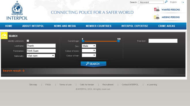 Đến ngày 19/9, tên ông Trịnh Xuân Thanh chưa xuất hiện trên mạng Interpol