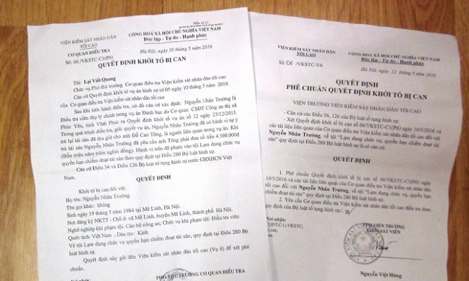 Quyết định khởi tố bị can đối với Nguyễn Nhân Trường. Ảnh: Pháp luật Plus