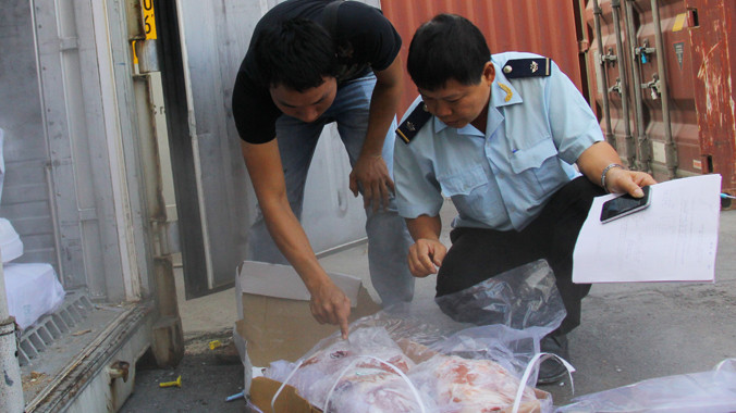 Cán bộ Hải quan Hải Phòng kiểm tra một lô hàng thịt đông lạnh.