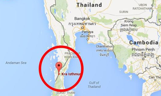 Vị trí dự kiến thực hiện dự án kênh đào Kra (khoanh tròn). Ảnh: Business Insider