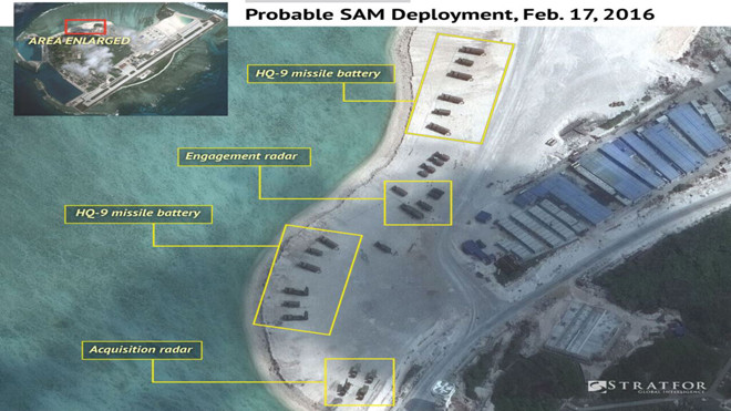 Cộng đồng quốc tế lo ngại tình trạng quân sự hóa trên biển Đông hiện nay. Trong ảnh: Trung Quốc triển khai tên lửa đất đối không trên đảo Phú Lâm thuộc quần đảo Hoàng Sa của Việt Nam. Ảnh: Stratfor