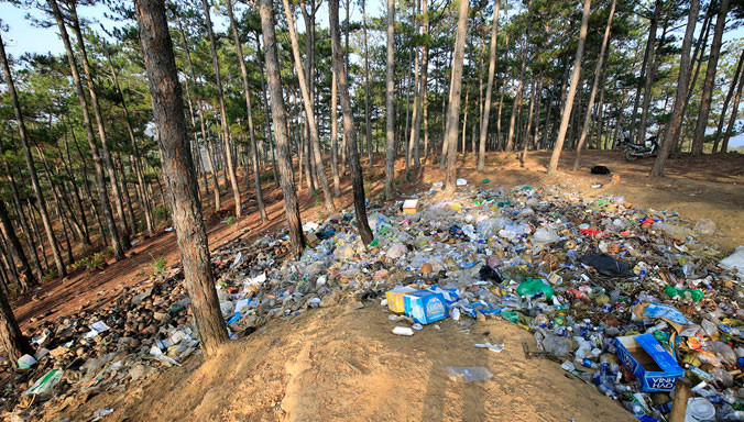 Bãi rác trái phép trên đồi thông phía thượng nguồn.