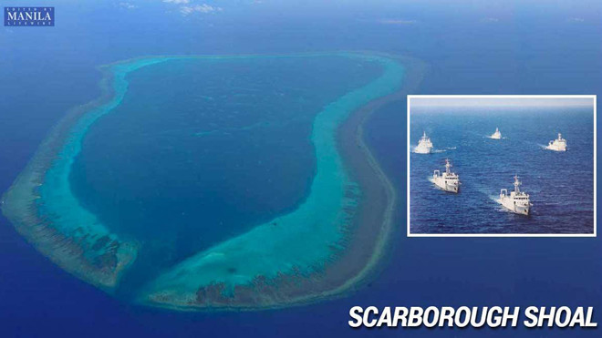 Năm tàu cảnh sát biển Trung Quốc ở gần bãi cạn Scarborough/Hoàng Nham. Năm 2012, Trung Quốc giành quyền kiểm soát bãi cạn này từ tay Philippines. Ảnh: Manila Livewire