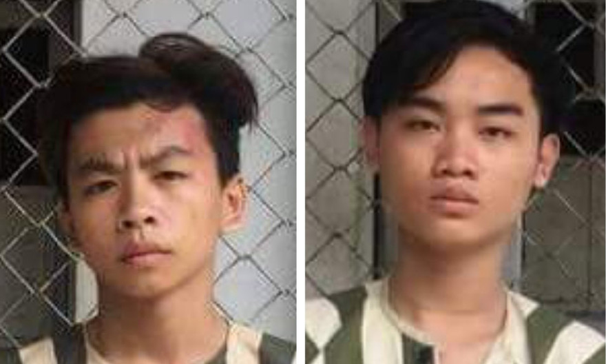 Hai đối tượng Nguyễn Hữu Thiện Long và Lâm Quang Thiện tại cơ quan công an