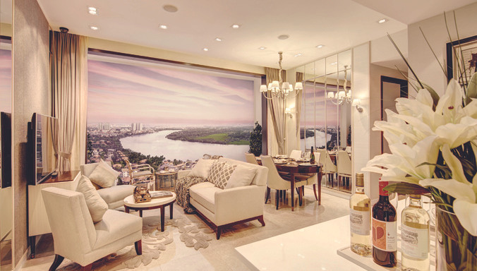 Tầm nhìn tuyệt đẹp từ phòng khách căn hộ 2 phòng ngủ.