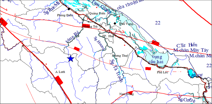 Vị trí xảy ra động đất ở A Lưới - Ảnh trung tâm báo tin động đất và cảnh báo sóng thần