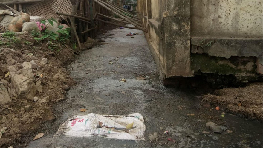 Một dòng mương đặc quánh vì chất thải cạnh trường Tiểu học Dương Liễu B 