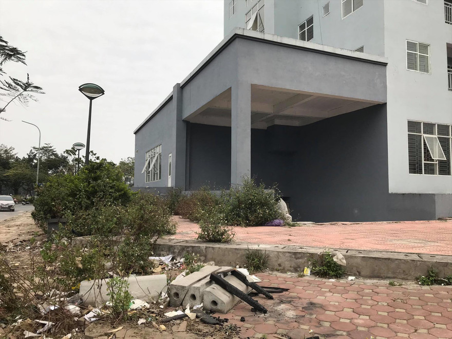 Rác thải, cây dại bủa vây chung cư tái định cư khu vực đường Tân Mai (phường Hoàng Văn Thụ, quận Hoàng Mai). Ảnh: Trường Phong