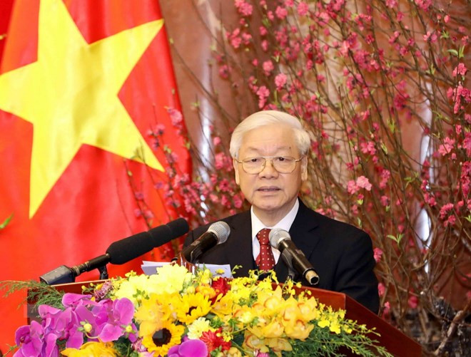 Tổng Bí thư Nguyễn Phú Trọng chúc Tết các đồng chí lãnh đạo và nguyên lãnh đạo Đảng, Nhà nước, Mặt trận Tổ quốc Việt Nam. (Ảnh: Phương Hoa/TTXVN)