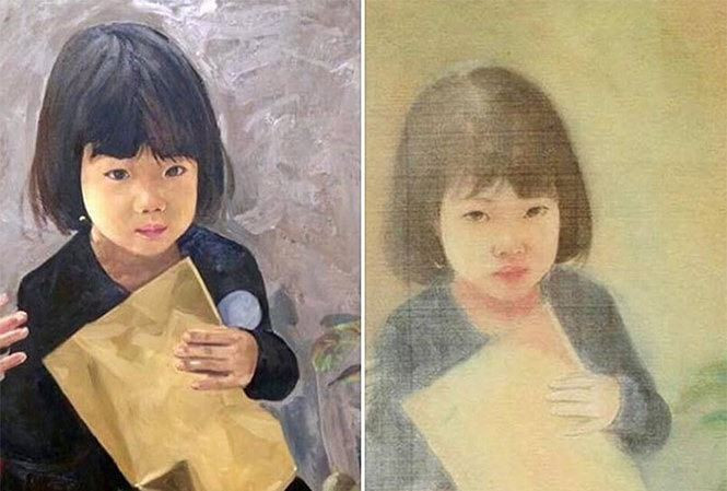 Bức sơn dầu bên phải và bức tranh lụa có chữ ký nghi vấn giả mạo cố họa sĩ Vũ Giáng Hương