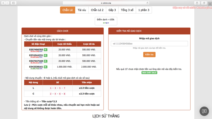 Giao diện một trang web cờ bạc Ảnh: Chụp màn hình 