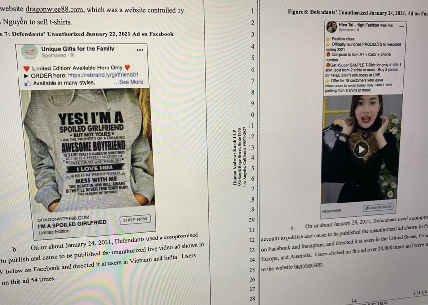 Facebook cáo buộc nhóm bị đơn đã quảng cáo, bán hàng trái phép để thu tiền 