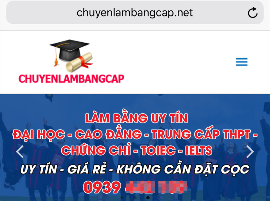 Giao diện web cung cấp dịch vụ làm bằng siêu tốc. Ảnh: Chụp màn hình 