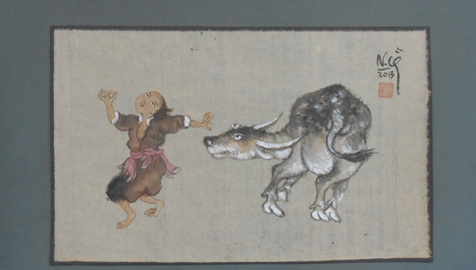 Tác phẩm “Tuổi thơ”, giấy dó của họa sỹ Nguyễn Văn Cường.