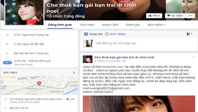 Trang quảng cáo “Cho thuê bạn gái bạn trai đi chơi Noel”. Ảnh: Nguyễn Hoan.