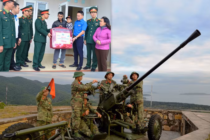 Đoàn công tác trao tặng quà cho nhân dân trên đảo Trần (ảnh nhỏ) và chiến sĩ Đại đội pháo cao xạ 37, Tiểu đoàn Đảo Ngọc Vừng huấn luyện chiến đấu phòng không.