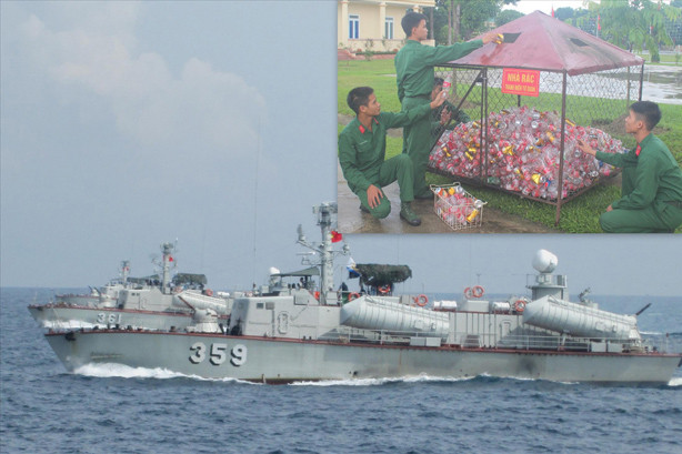 Đoàn viên Sư đoàn 324 đang tiến hành phân loại rác tại “Ngôi nhà rác” (ảnh nhỏ) và “Con tàu thanh niên” 359 trên đường thực hiện nhiệm vụ bảo vệ chủ quyền. Ảnh: S.H.