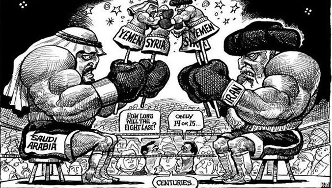 Iran và Ảrập Xêút là đối thủ tranh giành ảnh hưởng trong khu vực. Tranh: Chowrangi.