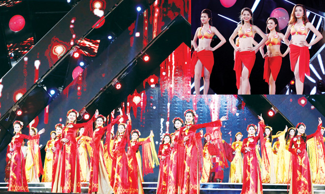 Tiết mục mở màn đêm chung khảo của các thí sinh (ảnh lớn) và phần thi áo tắm. Ảnh: Hồng Vĩnh - Như Ý.