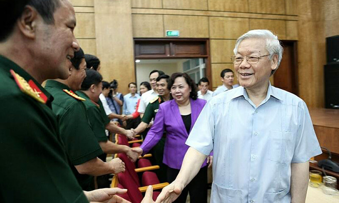 Tổng Bí thư Nguyễn Phú Trọng tiếp xúc cử tri quận Ba Đình (Hà Nội) sáng ngày 6/5. Ảnh: Ngọc Châu.