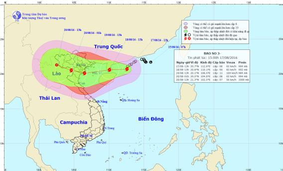 Vị trí và dự báo đường đi của bão số 3. Nguồn: Trung tâm dự báo khí tượng thủy văn Trung ương