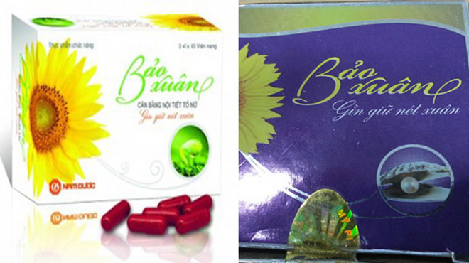 Nhãn hiệu Bảo Xuân của Cty Ích Nhân (trái) và cơ sở Ngân Anh (phải).