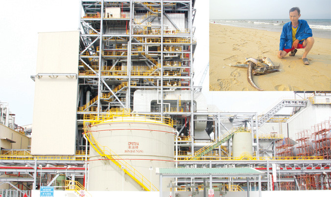 Một góc nhà máy Formosa (ảnh lớn). Ngư dân hoang mang trước việc cá biển chết bất thường (ảnh nhỏ). Ảnh: PV.