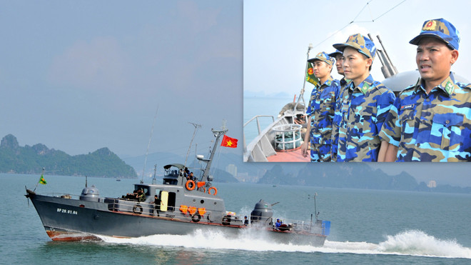 Tàu tham gia tìm kiếm cứu nạn và cán bộ, chiến sĩ của Hải đoàn 38 BĐBP (ảnh nhỏ) xuất kích đi làm nhiệm vụ tìm kiếm tổ bay CASA-212.