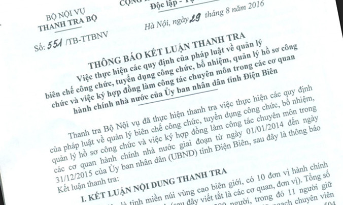 Kết luận của thanh tra Bộ Nội vụ.