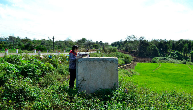 Chị Quỳnh gom vỏ chai hóa chất bỏ vào bể.