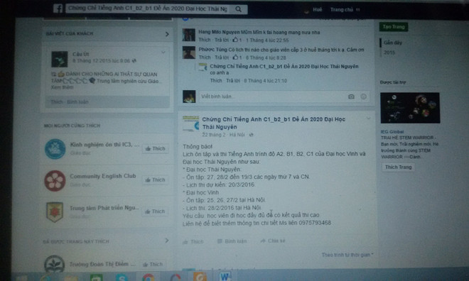 Thông tin thông báo thi tiếng anh trên facebook.