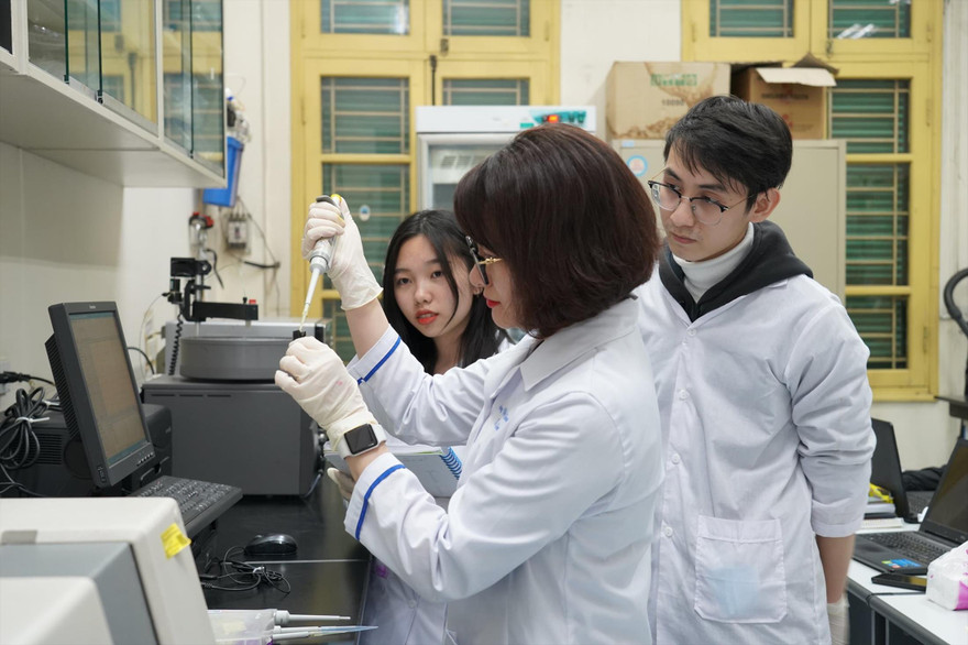 Sinh viên Trường ĐH Khoa học Tự nhiên trong một tiết thí nghiệm thực hành khi chưa thực hiện giãn cách xã hội. Ảnh: Nguyễn Thương