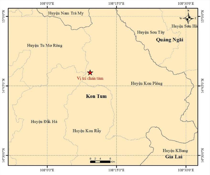 Tâm chấn trận động đất mới nhất xảy ra tại huyện Kon Plông, Kon Tum 