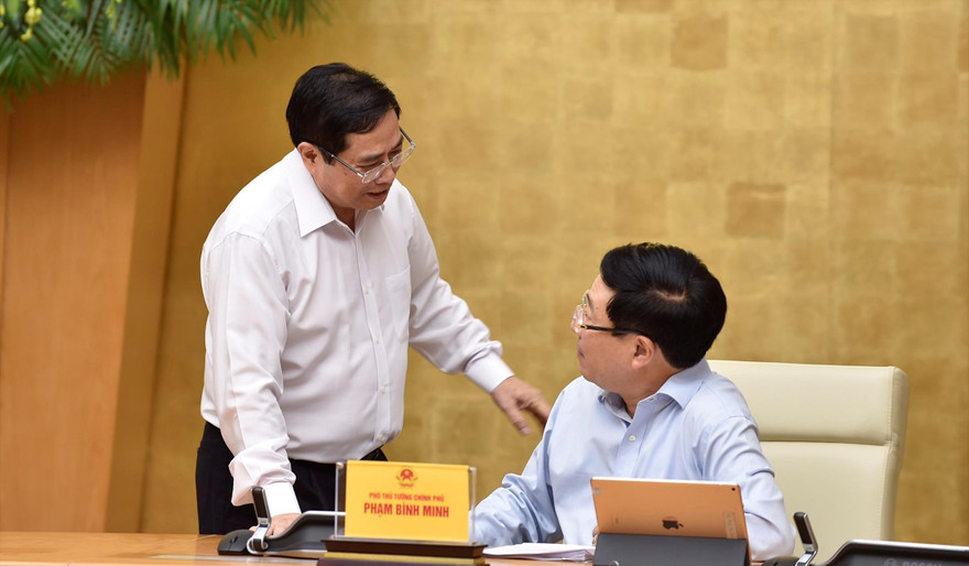 Thủ tướng Phạm Minh Chính và Phó Thủ tướng Phạm Bình Minh tại phiên họp Chính phủ sau khi được kiện toàn ảnh: Nhật Minh 