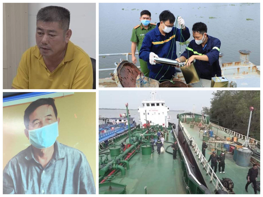 Hai ông trùm Nguyễn Hữu Tứ (góc trên bên trái) và Phan Thanh Hữu (góc dưới bên trái) cùng tàu chở xăng lậu bị bắt giữ
