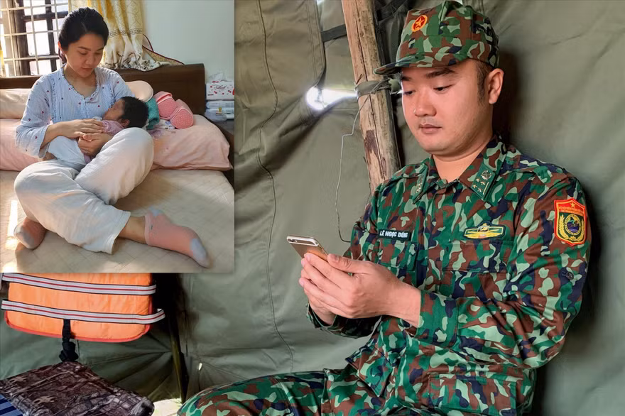 Đại úy Lê Ngọc Dũng trò chuyện với vợ con (ảnh nhỏ) qua điện thoại từ chốt chống dịch