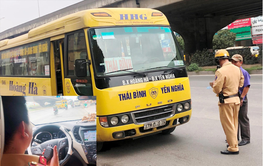 CSGT Đội 7 (PC08) mật phục, báo bộ đàm cho tổ công tác trên đường xử lý nhiều xe khách vi phạm sáng 25/2. Ảnh: T.Đảng 