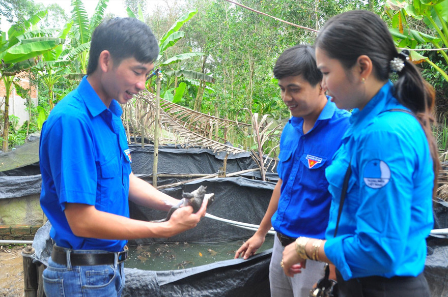 Bí thư Chi đoàn Võ Văn Út Em giới thiệu kỹ thuật nuôi ếch Ảnh: Hòa hội 