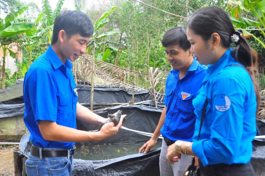 Bí thư Chi đoàn Võ Văn Út Em giới thiệu kỹ thuật nuôi ếch Ảnh: Hòa hội 