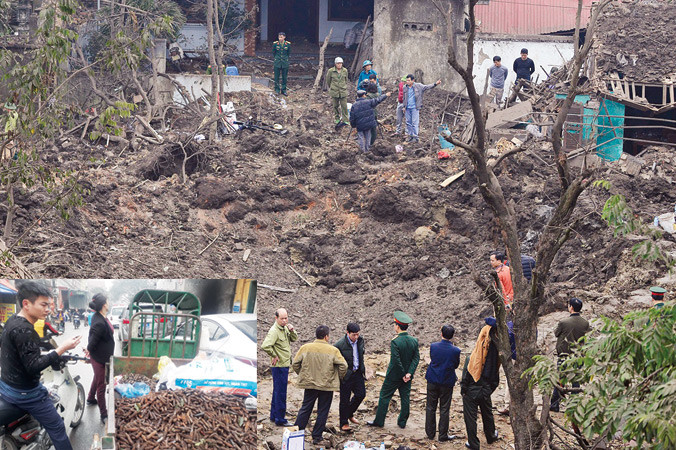 Hiện trường vụ nổ (ảnh lớn). Những viên đạn được thu gom sau vụ nổ (ảnh nhỏ). Ảnh: Nguyễn Hoàn.