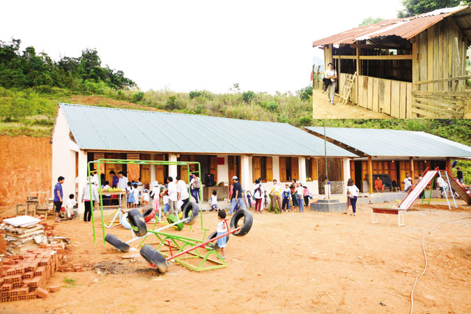 Từ một điểm trường lụp xụp (ảnh nhỏ), giờ đây, điểm trường Tăk Rân (xã Trà Cang, huyện Nam Trà My, Quảng Nam) đã được CLB Bạn thương nhau hỗ trợ xây dựng khang trang (ảnh lớn). Ảnh: NVCC.