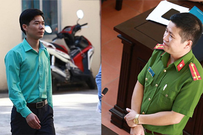 Bị cáo Hoàng Công Lương (trái) và điều tra viên Bùi Tuấn Nghĩa tại tòa.