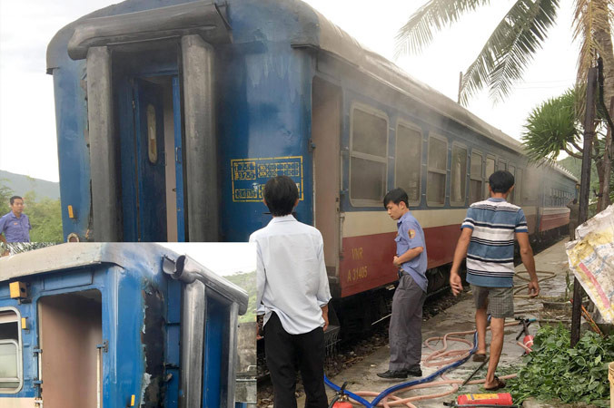 Hiện trường vụ toa tàu NH1 cháy sáng 6/6, với 1 phần toa số 9 cháy sém.