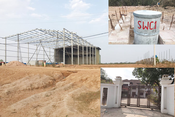 Đại công trường dang dở (ảnh lớn) Cổng trụ sở điều hành cửa đóng, then cài (ảnh nhỏ dưới) và các mũi khoan đã bít, lấp bằng bê tông (ảnh nhỏ trên).