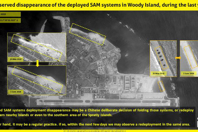 Hình ảnh vệ tinh cho thấy sự khác biệt khi ngày 23/5, Trung Quốc lắp đặt hệ thống tên lửa tại đảo Phú Lâm thuộc quần đảo Hoàng Sa của Việt Nam và ngày 3/6 thì không thấy có sự xuất hiện của hệ thống này. Ảnh: CNN.